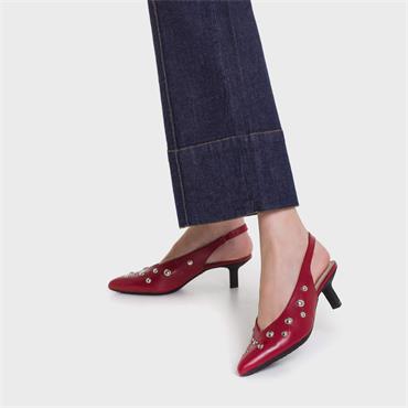 Wonders Round Stud Slingback Heel - Red Leather